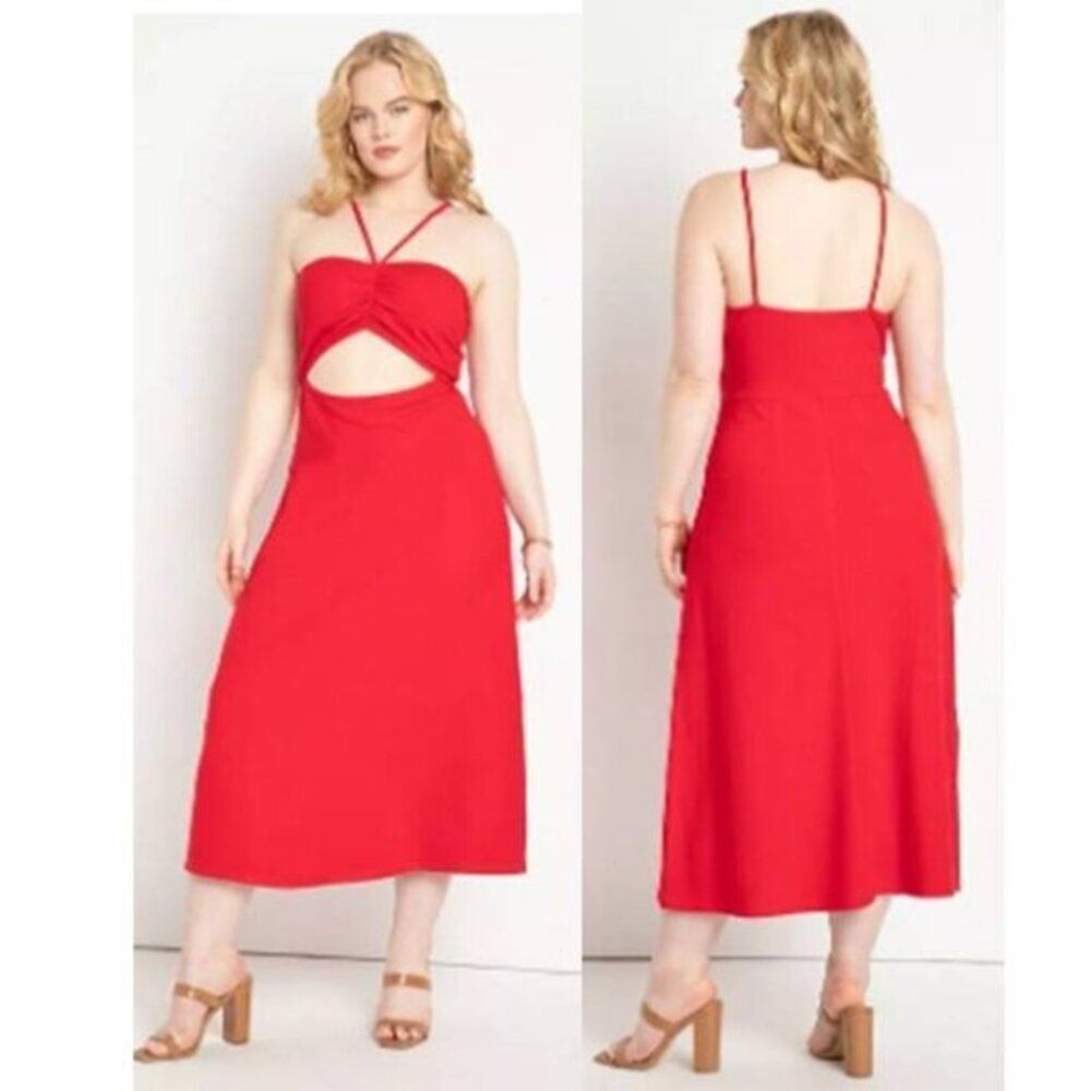 Eloquii Plus Size Red Halter‎ Neck Ribbed Midi Dress Size 18